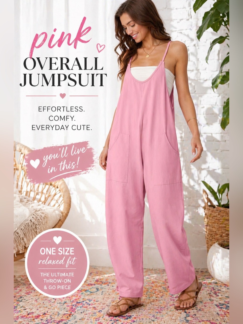 Pink Oversized Jumpsuit Spaghetti Strap Pockets Comfy Chic NWOT